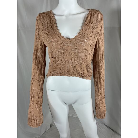 House Of Harlow 1960 x Revolve 'Kameli' Tan Cotton Pointelle Cropped Sweater - Picture 2 of 4